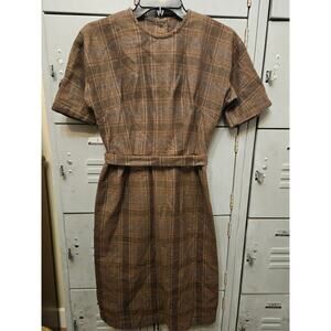 Vintage 60s Brown Plaid Belted Waist Dress classic retro 1960s office chic